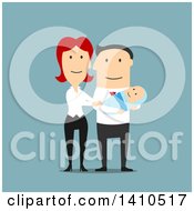 Poster, Art Print Of Flat Design Caucasian Couple With Their Baby On Blue