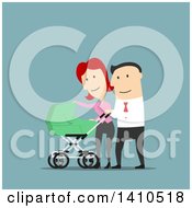 Poster, Art Print Of Flat Design Caucasian Parents Walking With Their Baby On Blue