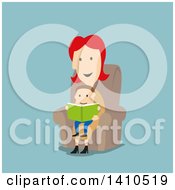 Poster, Art Print Of Flat Design Caucasian Mother Reading A Book To Her Son On Blue