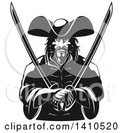 Black And White Tough Pirate Holding Swords In His Crossed Arms