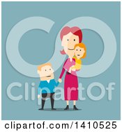 Poster, Art Print Of Flat Design Caucasian Mother And Children On Blue