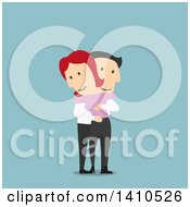 Poster, Art Print Of Flat Design Caucasian Couple Hugging On Blue