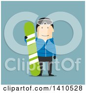 Clipart Of A Flat Design Caucasian Man With A Snowboard On Blue Royalty Free Vector Illustration