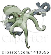 Clipart Of A Tough Red Eyed Green Octopus On A Ship Anchor Royalty Free Vector Illustration