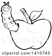 Poster, Art Print Of Cartoon Black And White Lineart Worm In An Apple