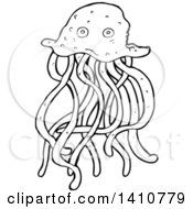 Clipart Of A Black And White Lineart Jellyfish Royalty Free Vector Illustration by lineartestpilot