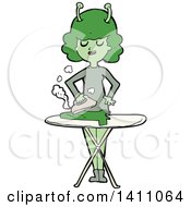 Poster, Art Print Of Cartoon Female Alien Ironing Laundry