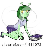 Clipart Of A Cartoon Female Alien Kneeling By A Book Royalty Free Vector Illustration