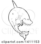 Clipart Of A Black And White Lineart Shark Royalty Free Vector Illustration