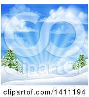 Poster, Art Print Of Winter Morning Sunrise With Rays And A Blue Cloudy Sky Over Snow Covered Hills And Evergreen Trees