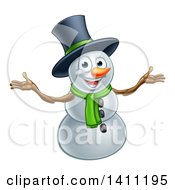 Poster, Art Print Of Christmas Snowman Wearing A Green Scarf And A Top Hat