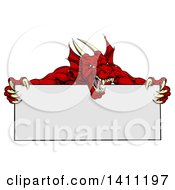 Clipart Of A Roaring Red Horned Dragon Mascot Holding A Blank Sign Royalty Free Vector Illustration