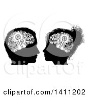 Poster, Art Print Of Black And White Silhouetted Male And Female Heads With Visible Gear Cogs In Their Brains
