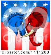 Poster, Art Print Of Political Democratic Donkey And Republican Elephant Elephant Butting Heads Over An American Themed Flag