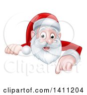 Poster, Art Print Of Cartoon Happy Christmas Santa Claus Pointing Down Over A Sign