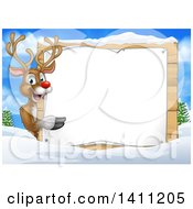 Poster, Art Print Of Happy Rudolph Red Nosed Reindeer Pointing Around A Sign Over A Winter Landscape