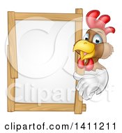 Poster, Art Print Of Happy White And Brown Chicken Or Rooster Giving A Thumb Up Around A Sign
