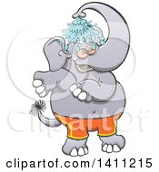 Cartoon Happy Elephant Wearing Shorts And Showering With His Trunk