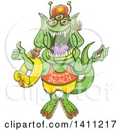 Poster, Art Print Of Cartoon Monster Hitchhiking A Ride To The Beach