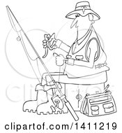 Poster, Art Print Of Cartoon Black And White Lineart Fisherman Putting A Worm On A Hook