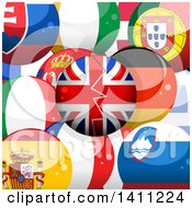 3d Broken British Sphere Over European Flag Spheres
