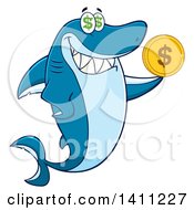 Poster, Art Print Of Cartoon Happy Shark Mascot Character Holding A Dollar Coin