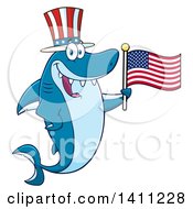 Poster, Art Print Of Cartoon Happy Shark Mascot Character Wearing A Top Hat And Waving An American Flag