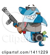 Poster, Art Print Of Cartoon Happy Shark Mascot Character Gangster Businessman Smoking A Cigar Holding A Briefcase Full Of Money And A Gun