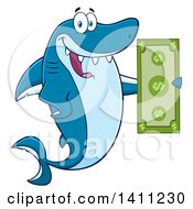 Poster, Art Print Of Cartoon Happy Shark Mascot Character Holding A Banknote