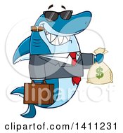 Cartoon Business Shark Mascot Character Wearing Sunglasses Smoking A Cigar And Holding A Money Bag