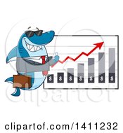 Cartoon Business Shark Mascot Character Wearing Sunglasses And Giving A Thumb Up By A Profit Chart