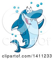 Poster, Art Print Of Cartoon Happy Shark Mascot Character Waving Or Presenting