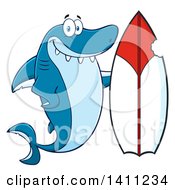 Cartoon Happy Shark Mascot Character With A Bite Taken Out Of A Surf Board