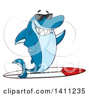 Poster, Art Print Of Cartoon Happy Shark Mascot Character Waving Wearing Sunglasses And Surfing