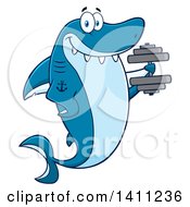 Poster, Art Print Of Cartoon Happy Tattooed Shark Mascot Character Working Out With A Dumbbell