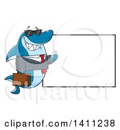 Cartoon Business Shark Mascot Character Wearing Sunglasses And Giving A Thumb Up By A Blank Sign