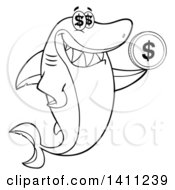 Clipart Of A Cartoon Black And White Lineart Happy Shark Mascot Character Holding A Dollar Coin Royalty Free Vector Illustration