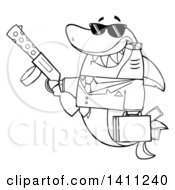 Clipart Of A Cartoon Black And White Lineart Happy Shark Mascot Character Gangster Businessman Smoking A Cigar Holding A Briefcase Full Of Money And A Gun Royalty Free Vector Illustration by Hit Toon