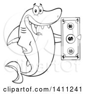 Poster, Art Print Of Cartoon Black And White Lineart Happy Shark Mascot Character Holding A Banknote