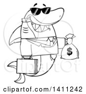 Cartoon Black And White Lineart Business Shark Mascot Character Wearing Sunglasses Smoking A Cigar And Holding A Money Bag