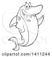 Clipart Of A Cartoon Black And White Lineart Happy Shark Mascot Character Waving Or Presenting Royalty Free Vector Illustration