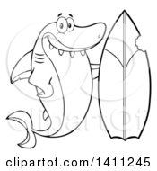 Clipart Of A Black And White Lineart Cartoon Happy Shark Mascot Character With A Bite Taken Out Of A Surf Board Royalty Free Vector Illustration