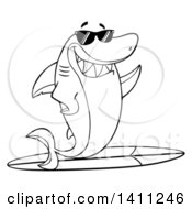 Poster, Art Print Of Cartoon Black And White Lineart Happy Shark Mascot Character Waving Wearing Sunglasses And Surfing
