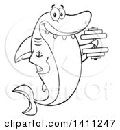Clipart Of A Cartoon Black And White Lineart Happy Tattooed Shark Mascot Character Working Out With A Dumbbell Royalty Free Vector Illustration