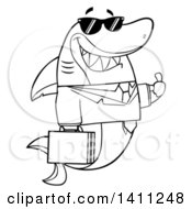Cartoon Black And White Lineart Business Shark Mascot Character Wearing Sunglasses And Giving A Thumb Up