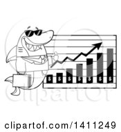 Cartoon Black And White Lineart Business Shark Mascot Character Wearing Sunglasses And Giving A Thumb Up By A Profit Chart