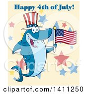 Poster, Art Print Of Cartoon Happy Shark Mascot Character Wearing A Top Hat And Waving An American Flag Over Stars