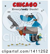Poster, Art Print Of Cartoon Happy Shark Mascot Character Gangster Businessman Smoking A Cigar Holding A Briefcase Full Of Money And A Gun With Text Over Blue