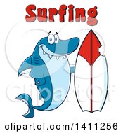 Clipart Of A Cartoon Happy Shark Mascot Character With A Bite Taken Out Of A Surf Board And Surfing Text Royalty Free Vector Illustration