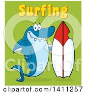 Poster, Art Print Of Cartoon Happy Shark Mascot Character With A Bite Taken Out Of A Surf Board And Surfing Text On Green